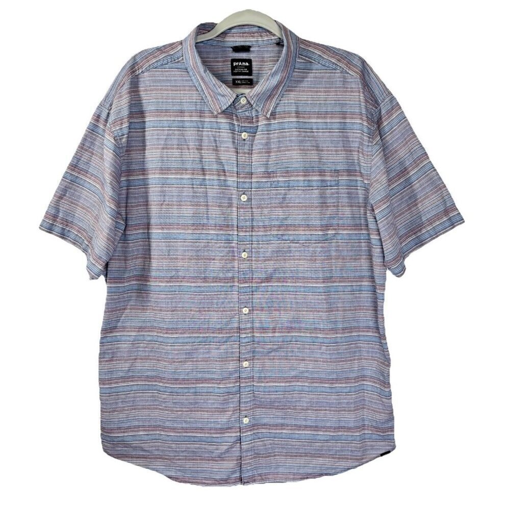 Prana Groveland Shirt Mens 2XL Clear Sky Stripe Button Organic Cotton Short Slv